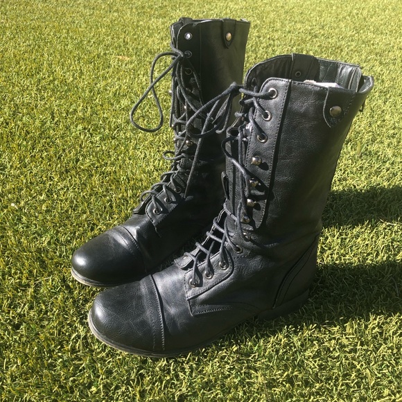 Black Faux Leather Lace-up Combat Moto Boots, w/cool turquoise lined Back Zipper - Picture 2 of 16